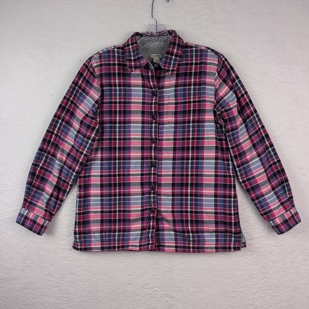 LL Bean Fleece Lined Flannel Shacket Womens XS Petite Pink Plaid Shirt Jacket